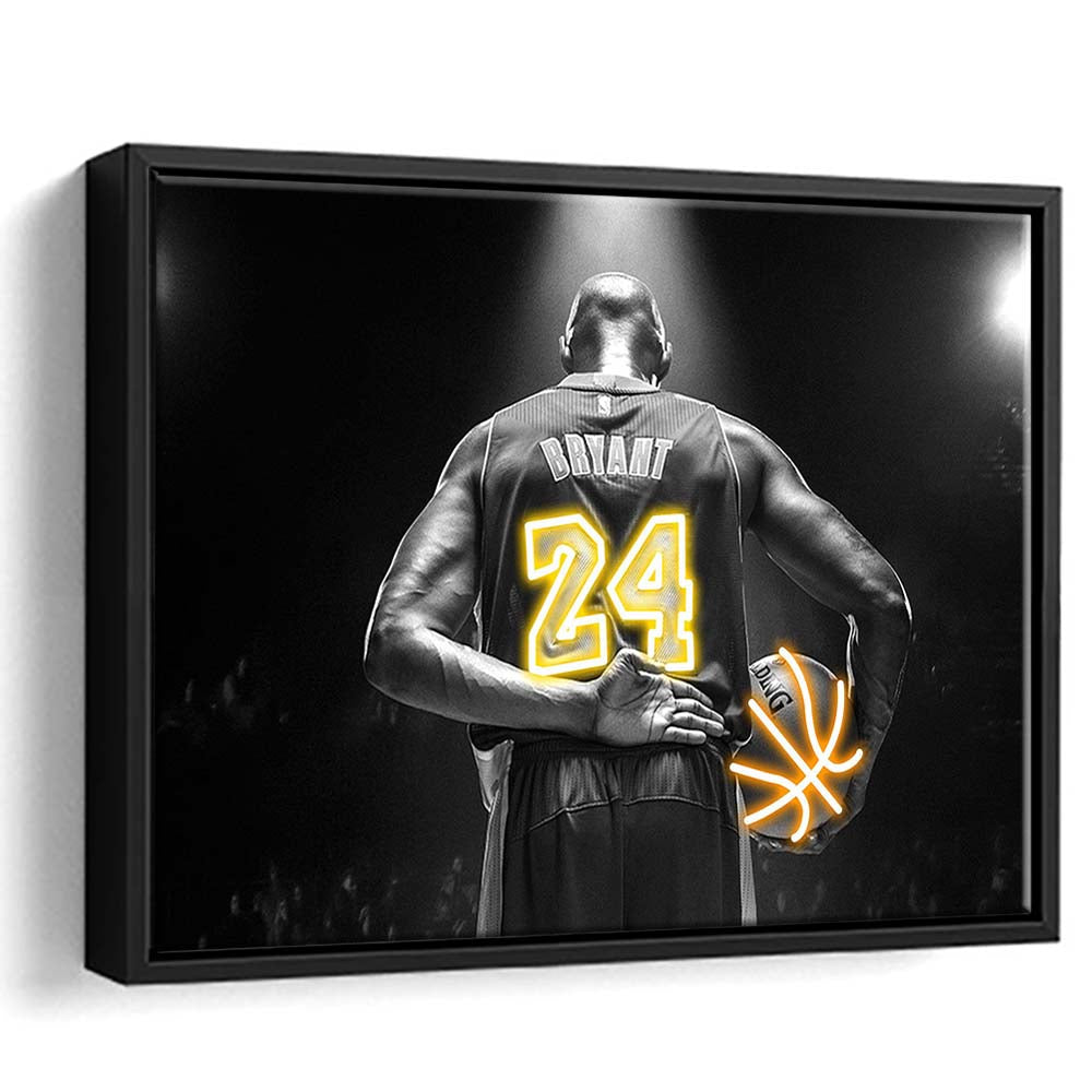 Kb 24 Lakers Los Angeles Art Print, Framed Canvas Print Wall Art Decor, Floating Frame, Neon Effect Art