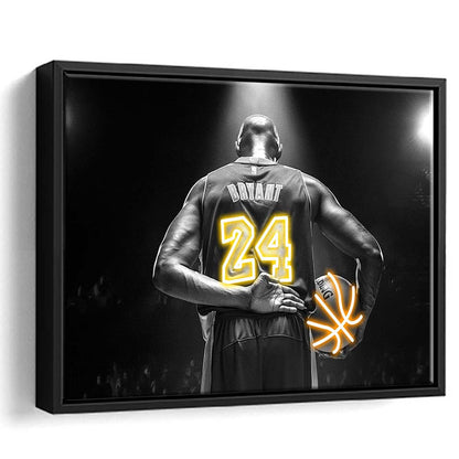 Kb 24 Lakers Los Angeles Art Print, Framed Canvas Print Wall Art Decor, Floating Frame, Neon Effect Art