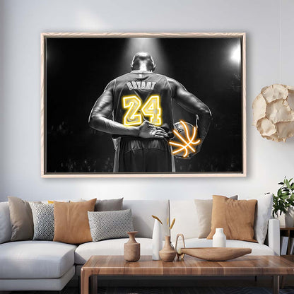 Kb 24 Lakers Los Angeles Art Print, Framed Canvas Print Wall Art Decor, Floating Frame, Neon Effect Art