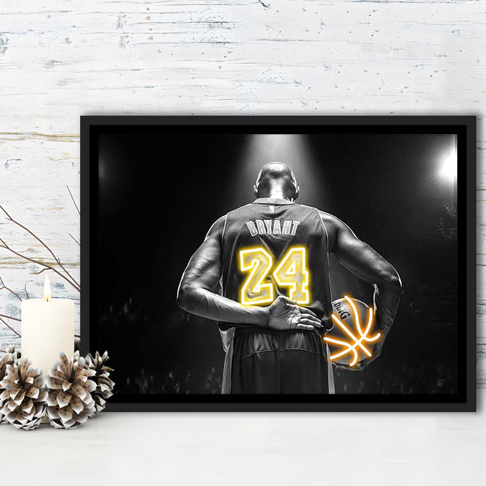 Kb 24 Lakers Los Angeles Art Print, Framed Canvas Print Wall Art Decor, Floating Frame, Neon Effect Art