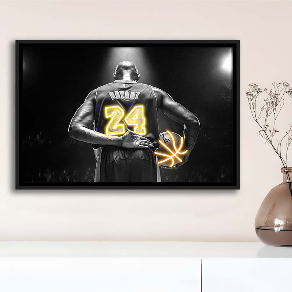 Kb 24 Lakers Los Angeles Art Print, Framed Canvas Print Wall Art Decor, Floating Frame, Neon Effect Art