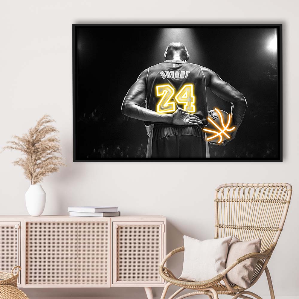 Kb 24 Lakers Los Angeles Art Print, Framed Canvas Print Wall Art Decor, Floating Frame, Neon Effect Art