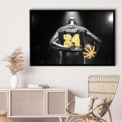 Kb 24 Lakers Los Angeles Art Print, Framed Canvas Print Wall Art Decor, Floating Frame, Neon Effect Art