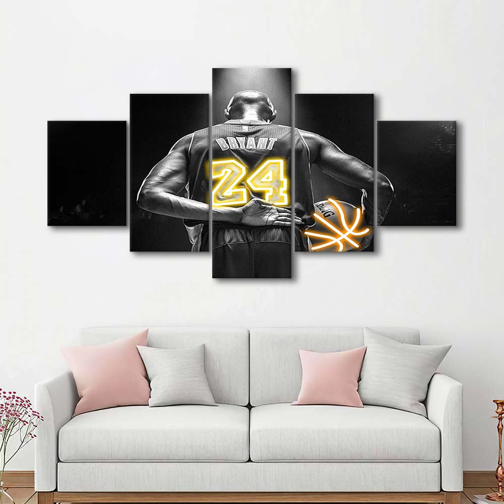 Kb 24 Lakers Los Angeles Art Print, 5 Panel Mixed Canvas Print Wall Art, Home Decor, Neon Canvas