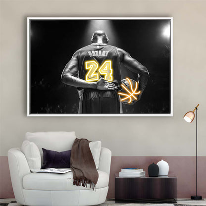Kb 24 Lakers Los Angeles Art Print, Framed Canvas Print Wall Art Decor, Floating Frame, Neon Effect Art