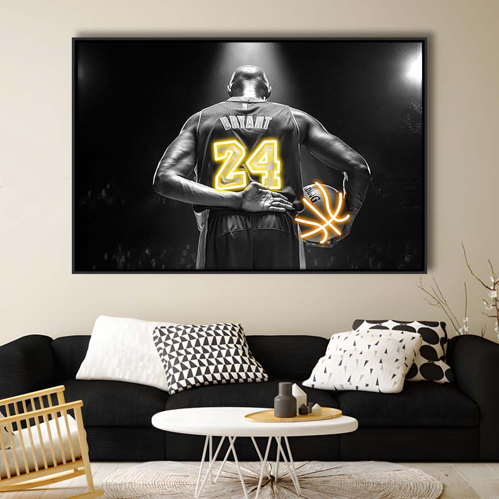 Kb 24 Lakers Los Angeles Art Print, Framed Canvas Print Wall Art Decor, Floating Frame, Neon Effect Art
