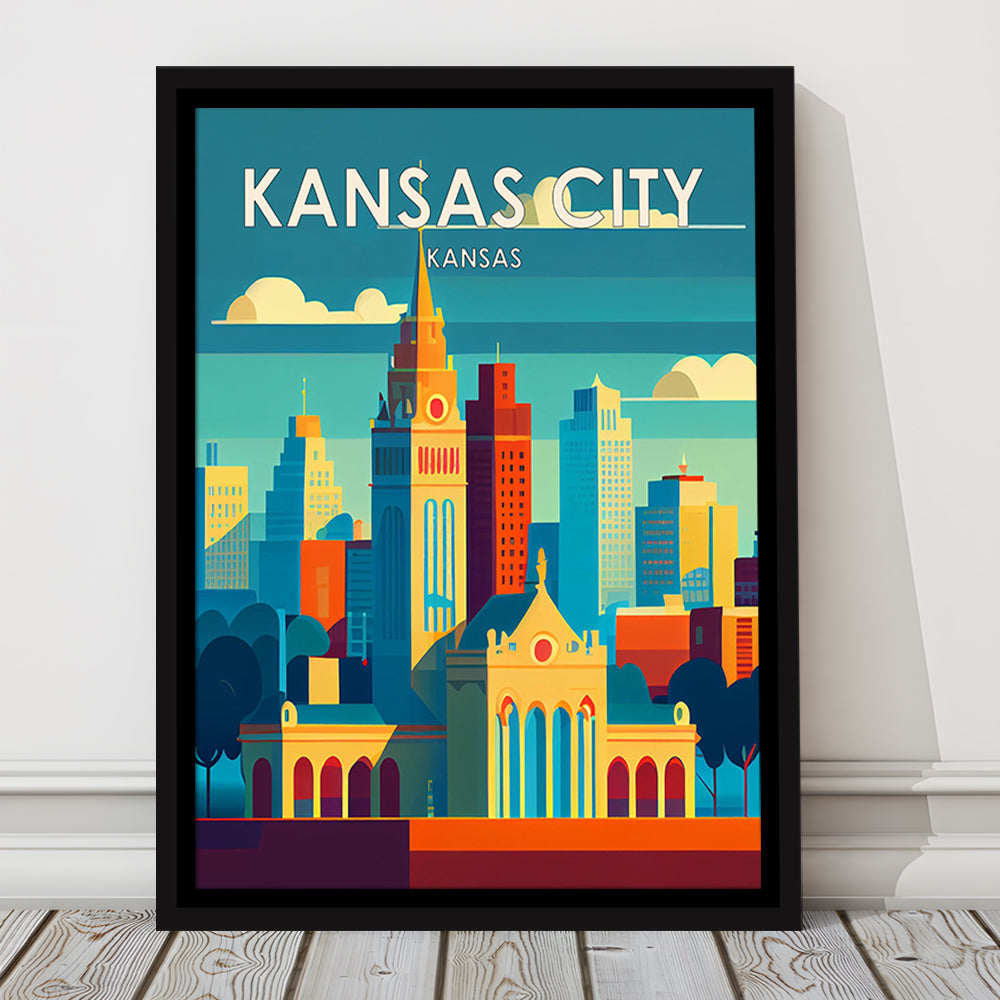 Kansas City Retro Art Print, Kansas City City Wall Art, Floating Framed Canvas Print, Framed Picture, Painting Canvas