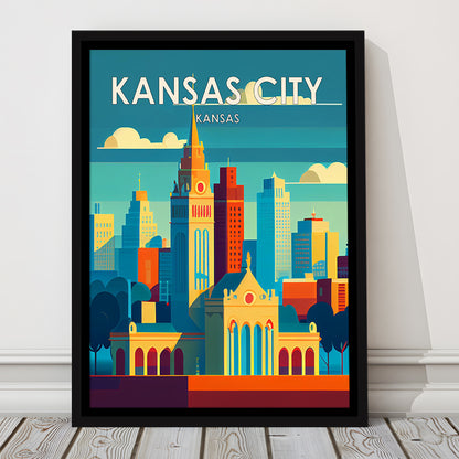 Kansas City Retro Art Print, Kansas City City Wall Art, Floating Framed Canvas Print, Framed Picture, Painting Canvas