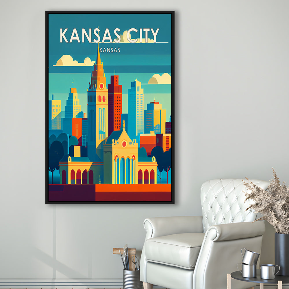 Kansas City Retro Art Print, Kansas City City Wall Art, Floating Framed Canvas Print, Framed Picture, Painting Canvas