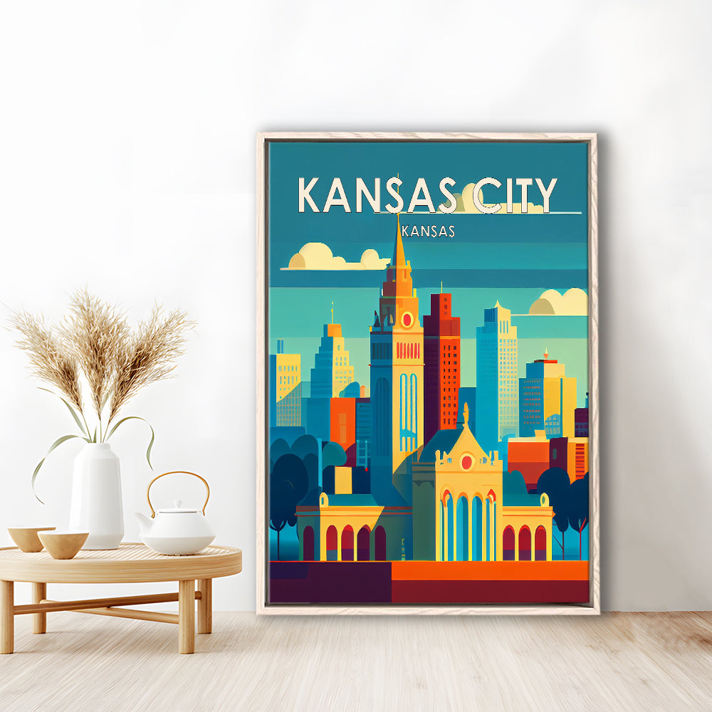 Kansas City Retro Art Print, Kansas City City Wall Art, Floating Framed Canvas Print, Framed Picture, Painting Canvas