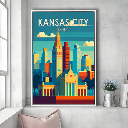 Kansas City Retro Art Print, Kansas City City Wall Art, Floating Framed Canvas Print, Framed Picture, Painting Canvas