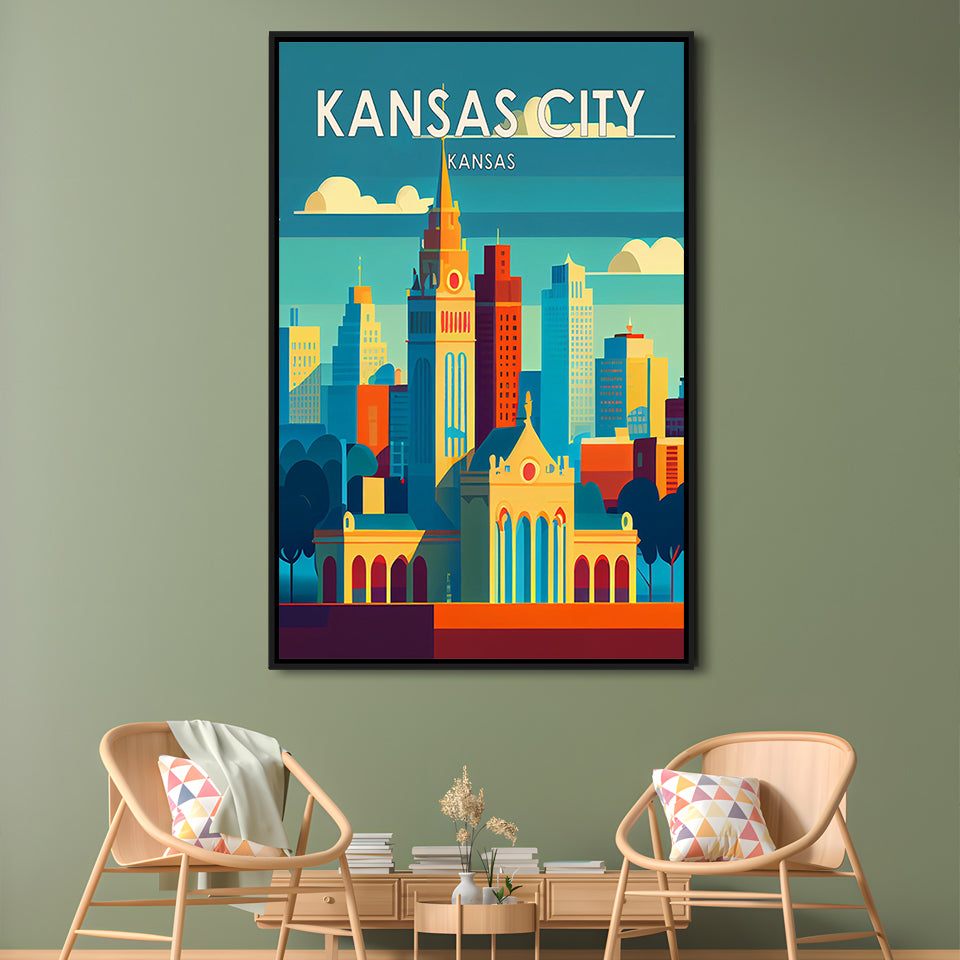 Kansas City Retro Art Print, Kansas City City Wall Art, Floating Framed Canvas Print, Framed Picture, Painting Canvas
