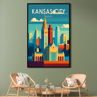 Kansas City Retro Art Print, Kansas City City Wall Art, Floating Framed Canvas Print, Framed Picture, Painting Canvas