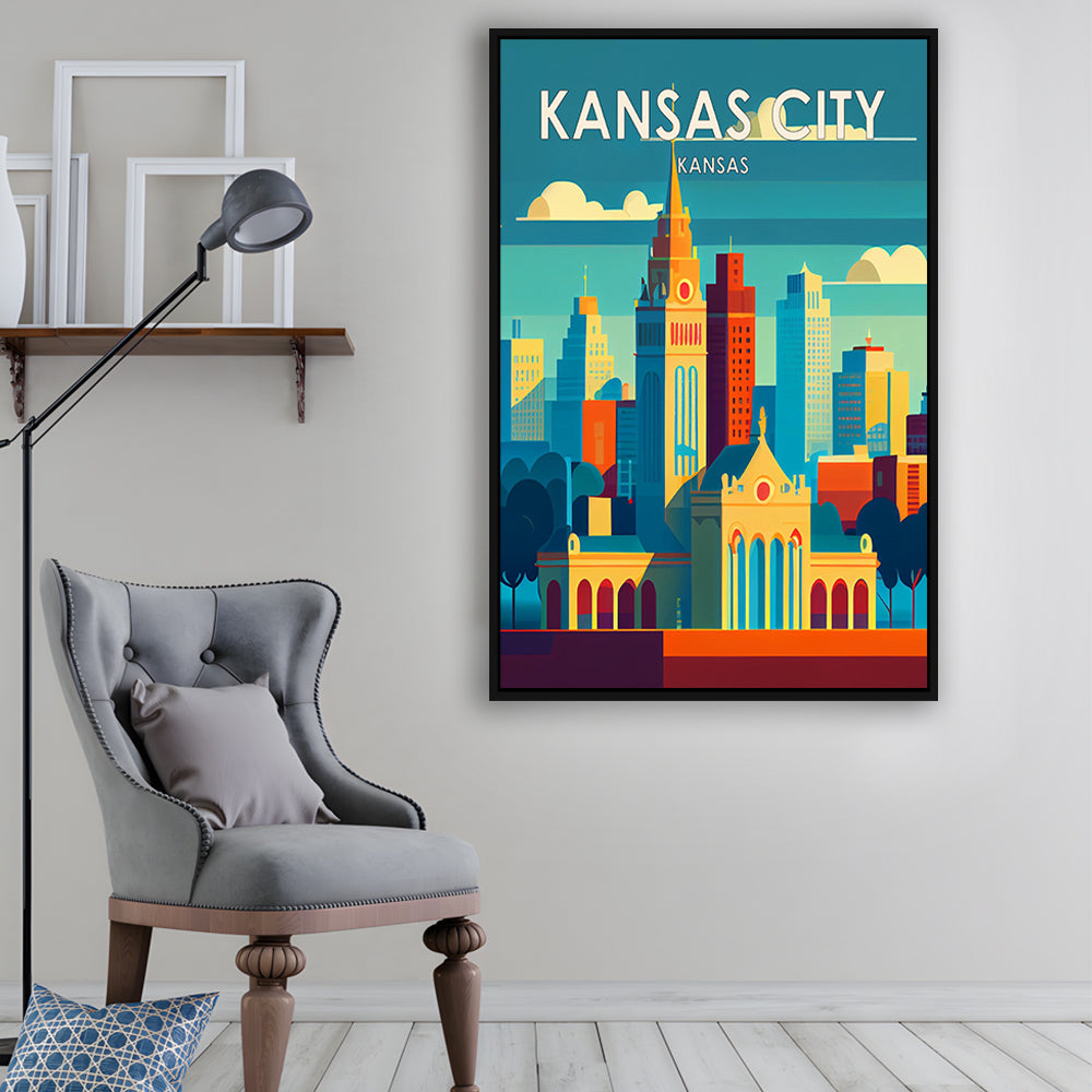 Kansas City Retro Art Print, Kansas City City Wall Art, Floating Framed Canvas Print, Framed Picture, Painting Canvas