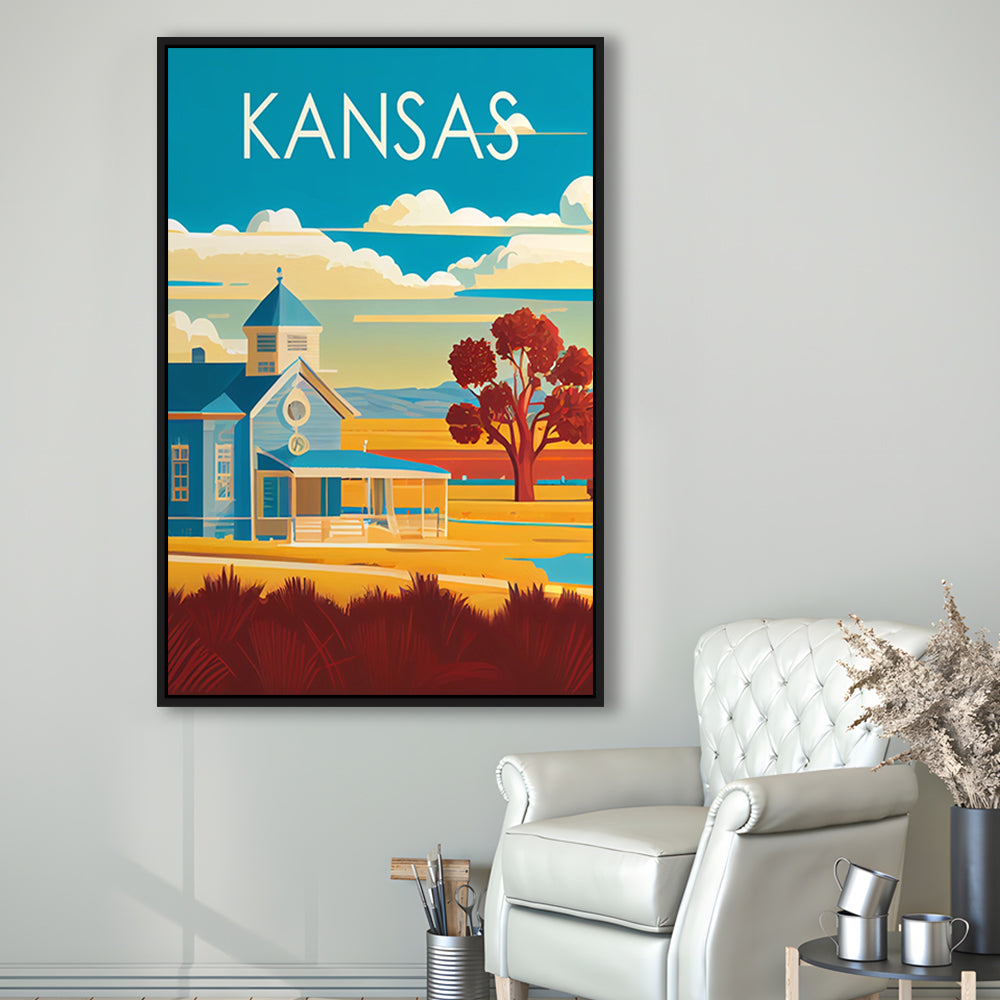 Kansas Retro Art Print, Kansas City Wall Art, Floating Framed Canvas Print, Framed Picture, Painting Canvas