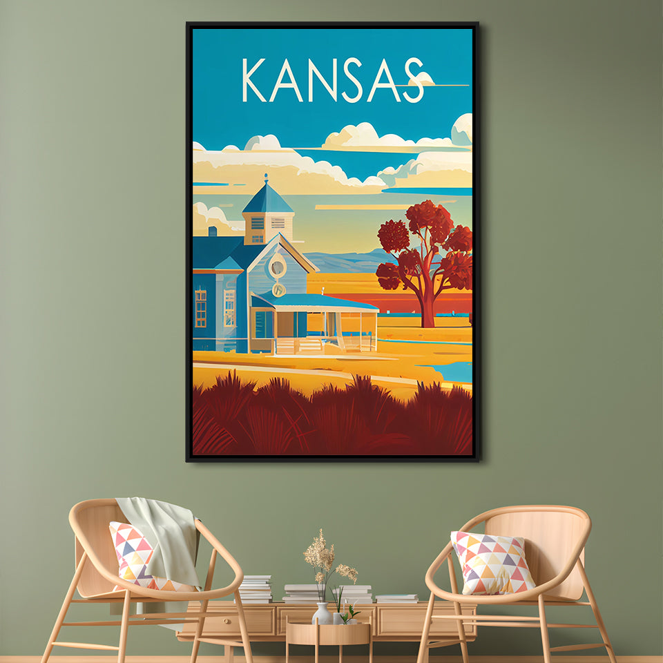 Kansas Retro Art Print, Kansas City Wall Art, Floating Framed Canvas Print, Framed Picture, Painting Canvas