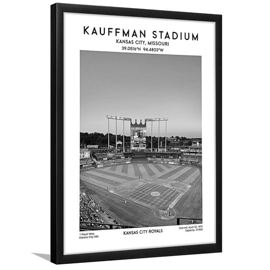 Kauffman Stadium Black And White, Kansas City Baseball Stadium Wall Art Print, Framed Art Prints Wall Decor
