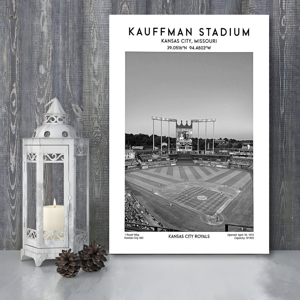 Kauffman Stadium Black And White, Kansas City Baseball Stadium Wall Art Print, Canvas Prints Wall Art, Man Cave Decor