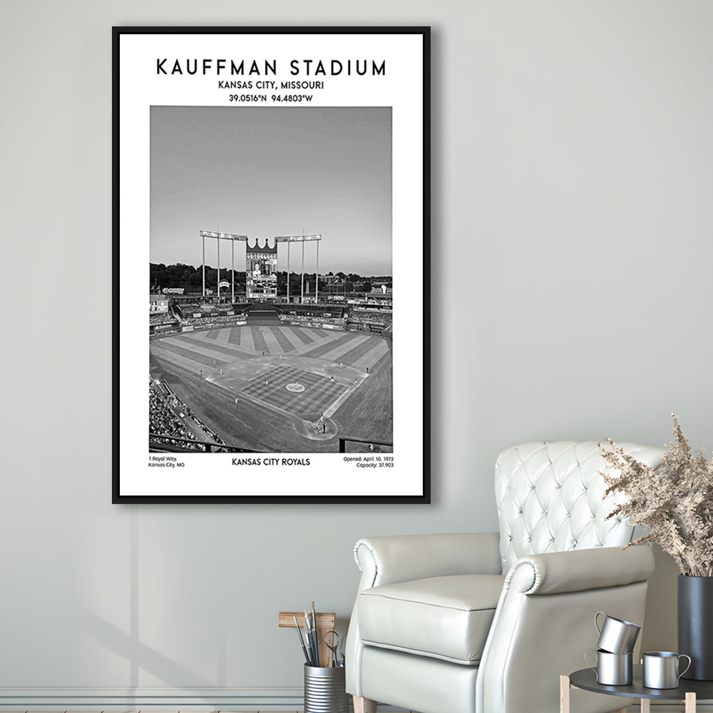 Kauffman Stadium Black And White, Kansas City Baseball Stadium Wall Art Print, Framed Canvas Prints Wall Art