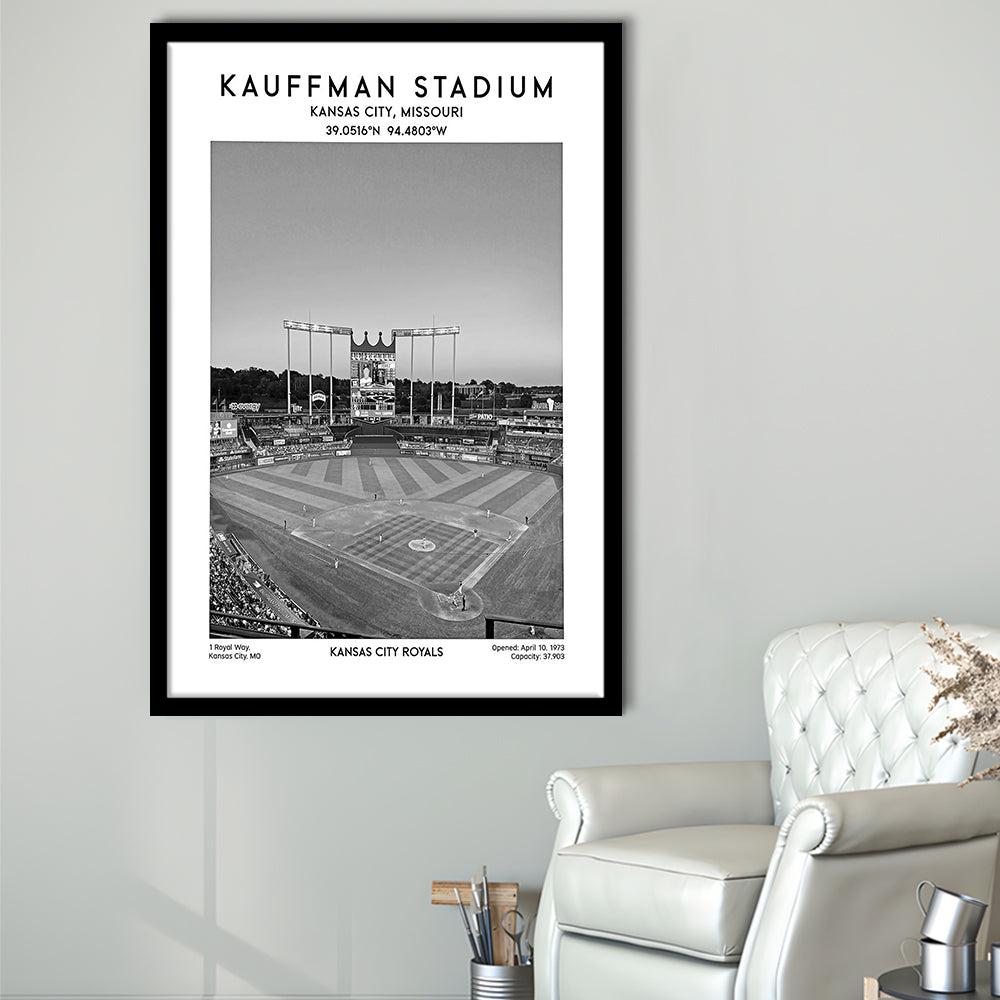 Kauffman Stadium Black And White, Kansas City Baseball Stadium Wall Art Print, Framed Art Prints Wall Decor
