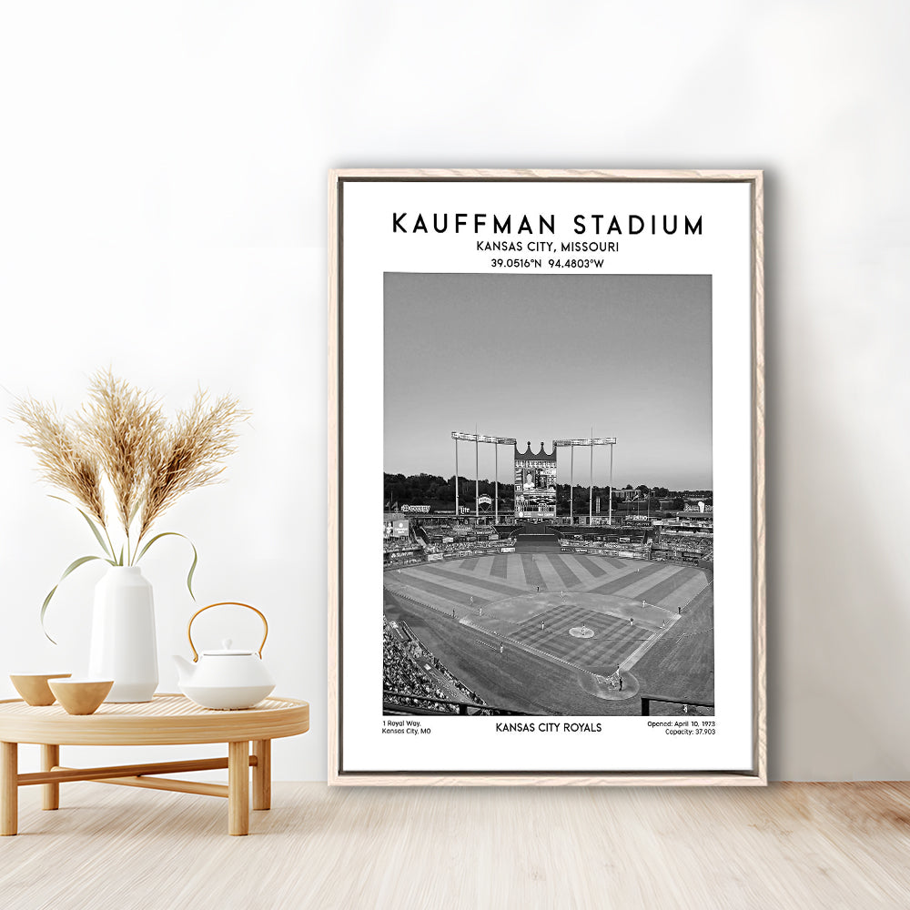 Kauffman Stadium Black And White, Kansas City Baseball Stadium Wall Art Print, Framed Canvas Prints Wall Art
