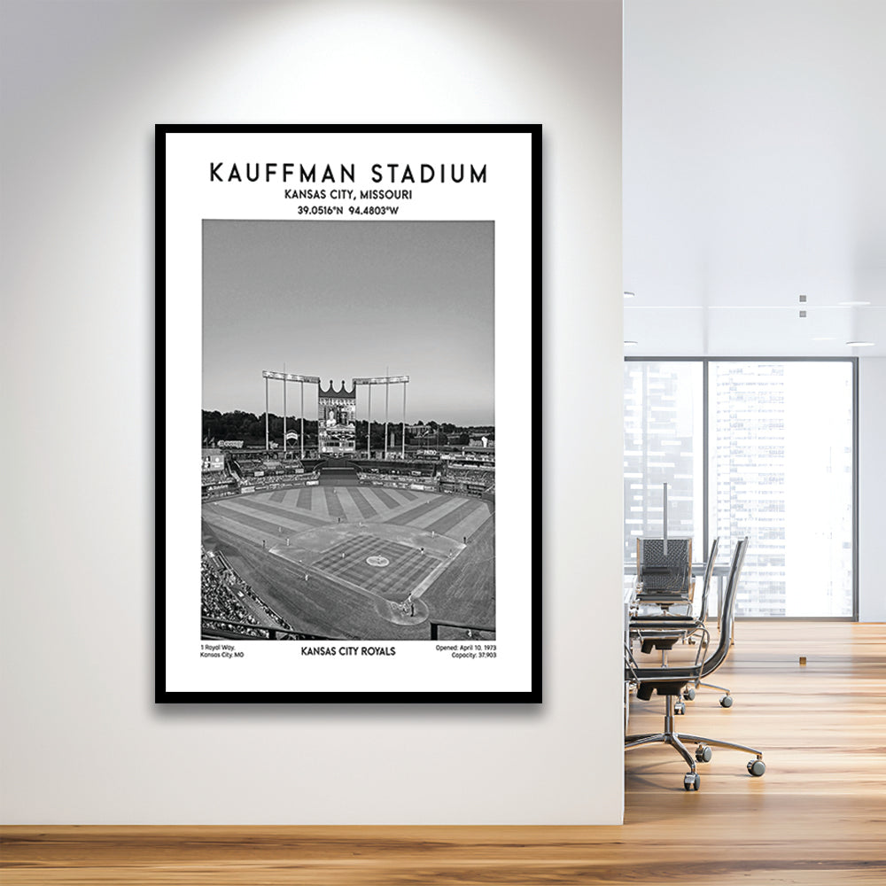 Kauffman Stadium Black And White, Kansas City Baseball Stadium Wall Art Print, Framed Art Prints Wall Decor