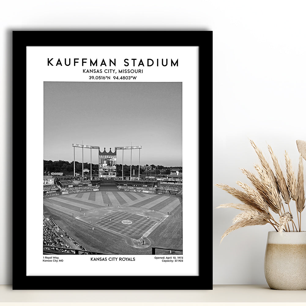 Kauffman Stadium Black And White, Kansas City Baseball Stadium Wall Art Print, Framed Art Prints Wall Decor