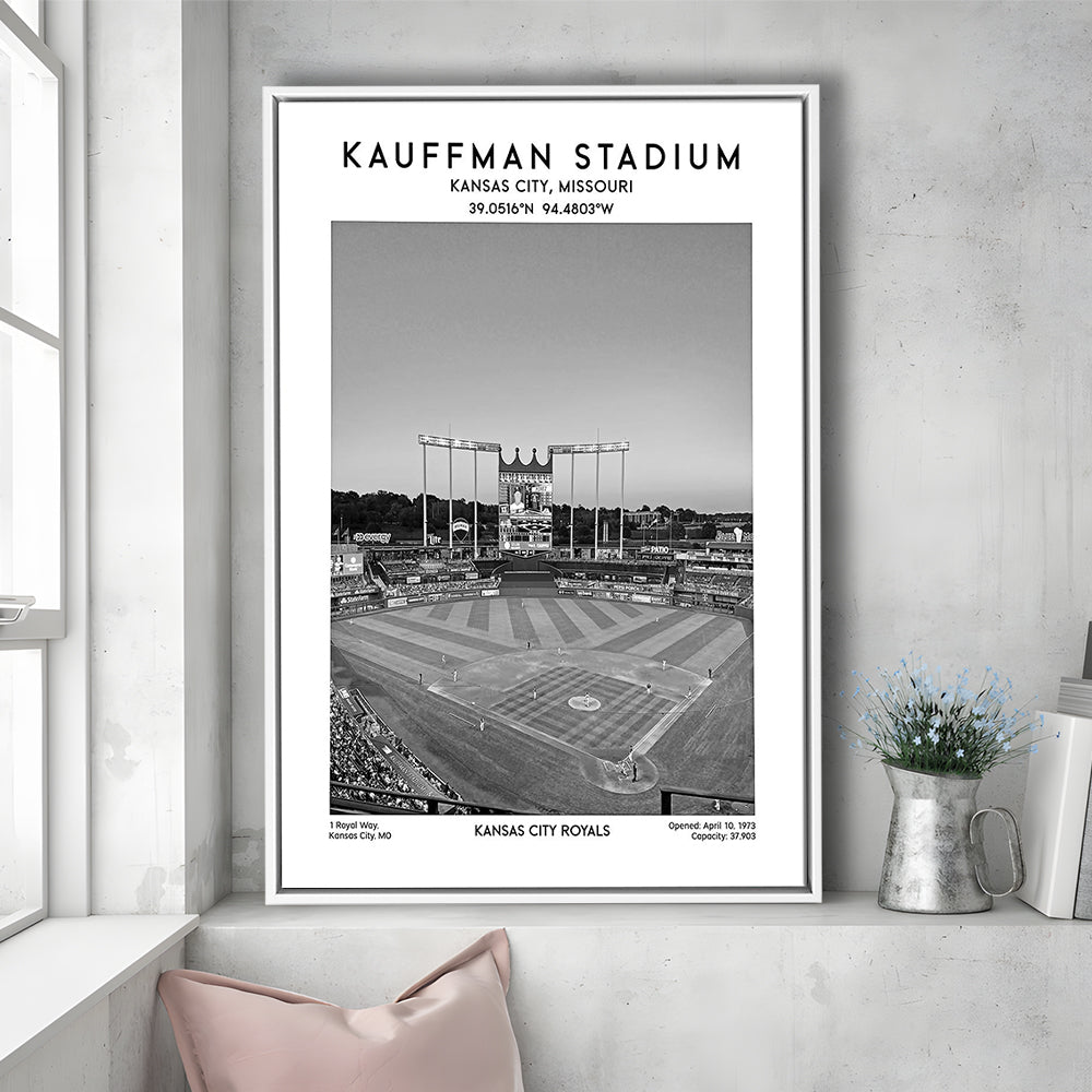 Kauffman Stadium Black And White, Kansas City Baseball Stadium Wall Art Print, Framed Canvas Prints Wall Art