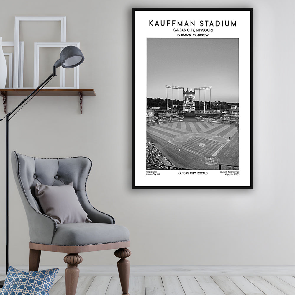 Kauffman Stadium Black And White, Kansas City Baseball Stadium Wall Art Print, Framed Canvas Prints Wall Art