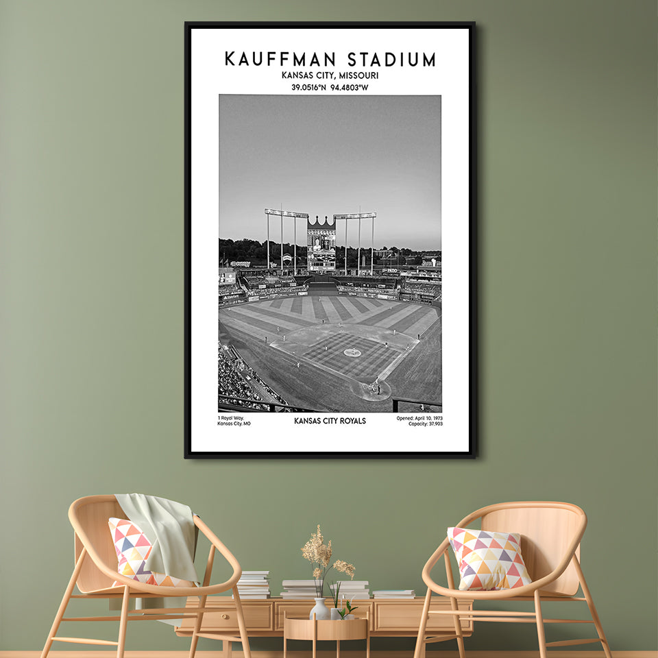 Kauffman Stadium Black And White, Kansas City Baseball Stadium Wall Art Print, Framed Canvas Prints Wall Art