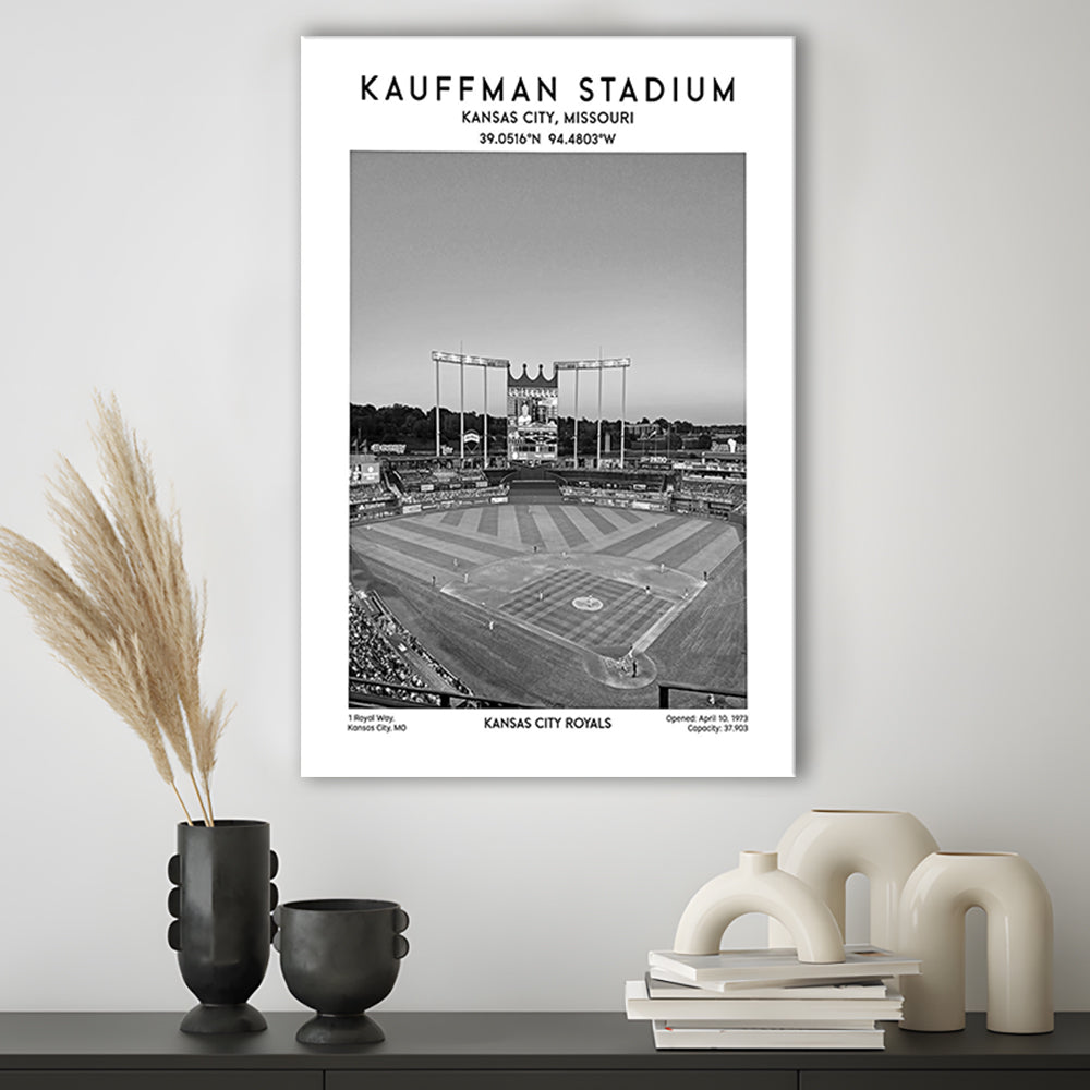 Kauffman Stadium Black And White, Kansas City Baseball Stadium Wall Art Print, Canvas Prints Wall Art, Man Cave Decor