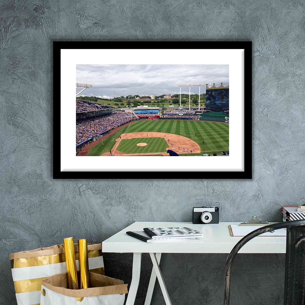 Kauffman Stadium Interleague, Stadium Canvas, Sport Art, Gift for him, White Border Framed Art Print Wall Decor