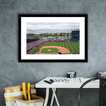 Kauffman Stadium Interleague, Stadium Canvas, Sport Art, Gift for him, White Border Framed Art Print Wall Decor