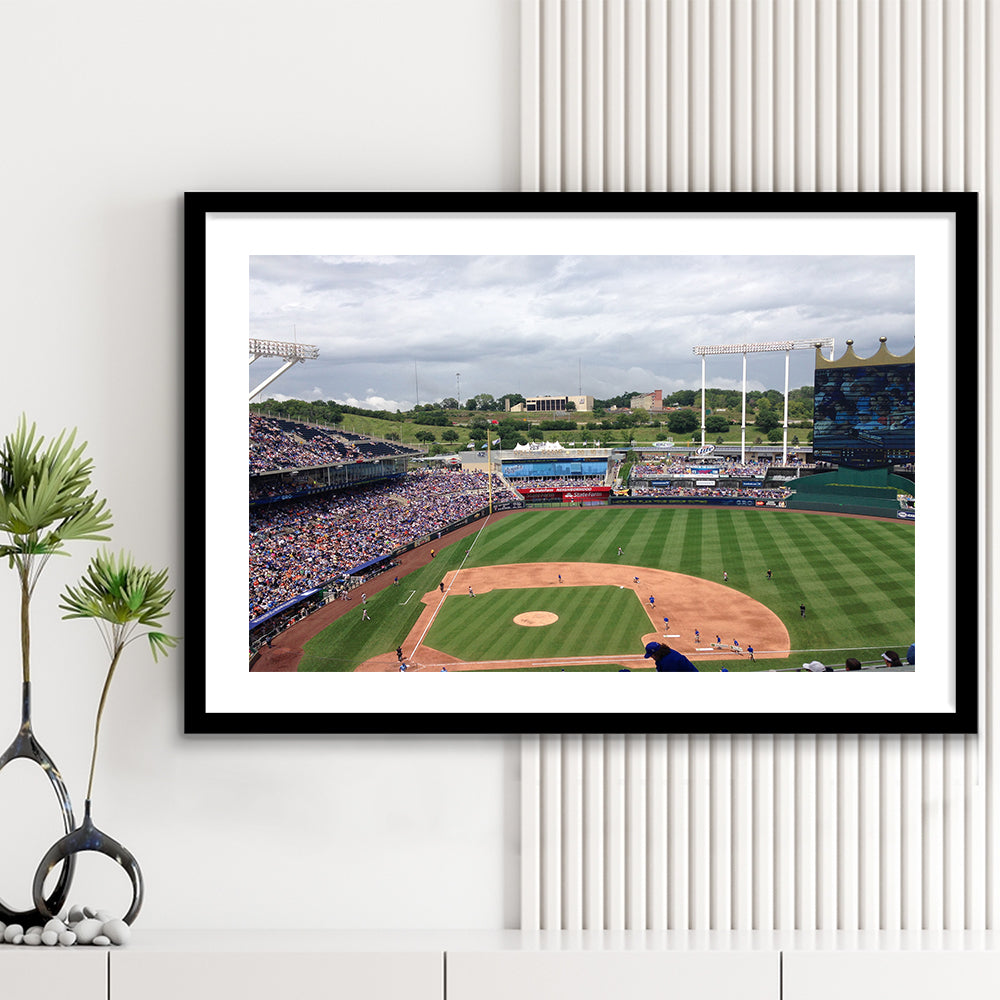 Kauffman Stadium Interleague, Stadium Canvas, Sport Art, Gift for him, White Border Framed Art Print Wall Decor
