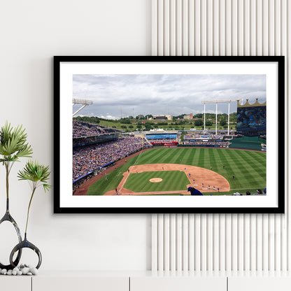 Kauffman Stadium Interleague, Stadium Canvas, Sport Art, Gift for him, White Border Framed Art Print Wall Decor