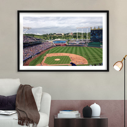 Kauffman Stadium Interleague, Stadium Canvas, Sport Art, Gift for him, White Border Framed Art Print Wall Decor