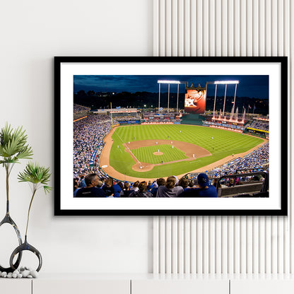 Kauffman Stadium Kansas City, Stadium Canvas, Sport Art, Gift for him, White Border Framed Art Print Wall Decor