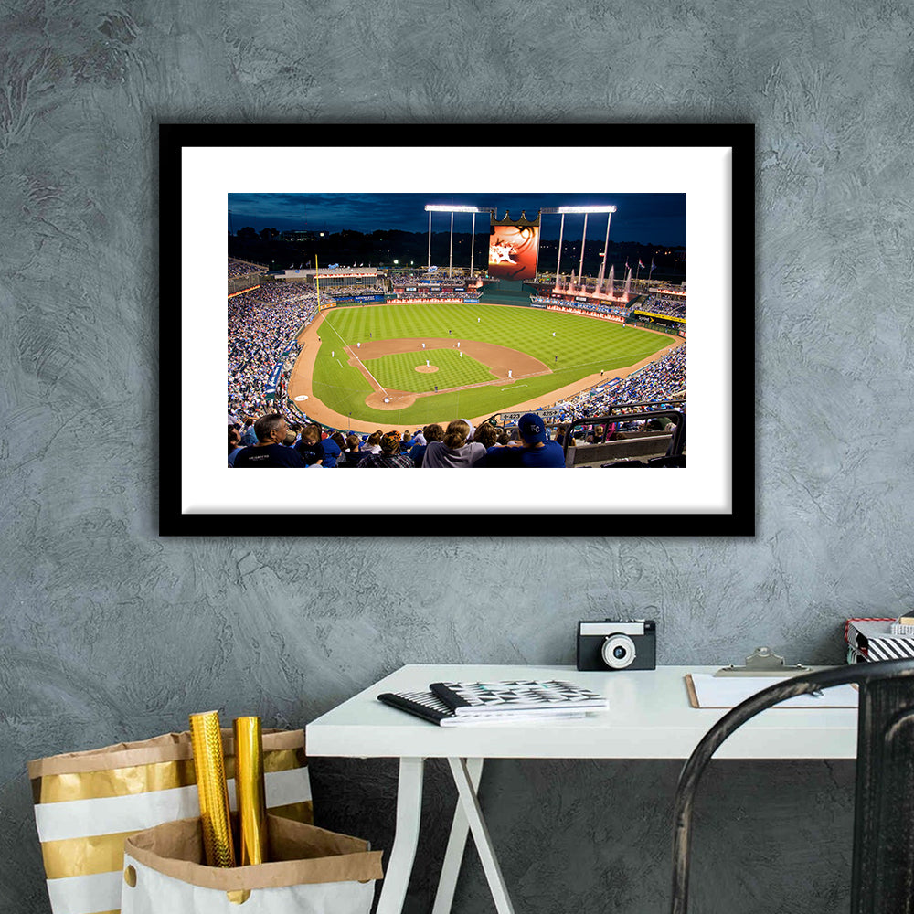 Kauffman Stadium Kansas City, Stadium Canvas, Sport Art, Gift for him, White Border Framed Art Print Wall Decor