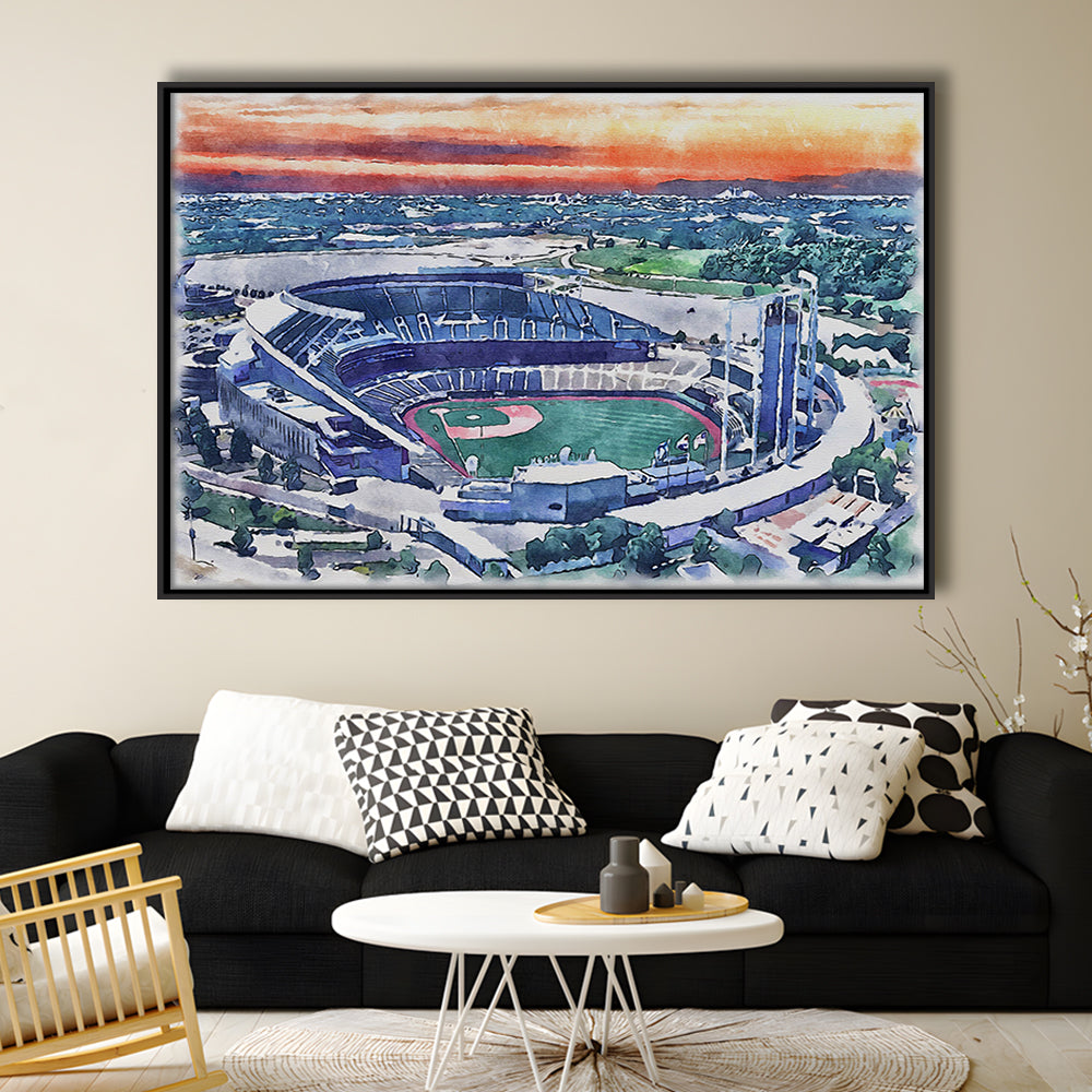 Kauffman Painting Stadium Watercolor, Kansas City, Missouri Baseball, Sport Gift Art, Framed Canvas Print Wall Art