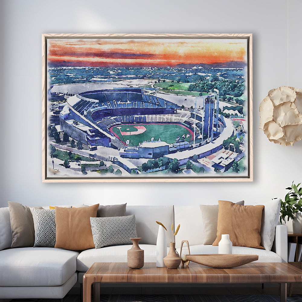 Kauffman Painting Stadium Watercolor, Kansas City, Missouri Baseball, Sport Gift Art, Framed Canvas Print Wall Art