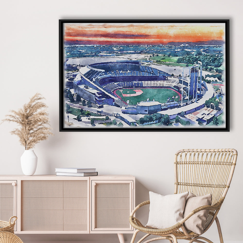 Kauffman Painting Stadium Watercolor, Kansas City, Missouri Baseball, Sport Gift Art, Framed Canvas Print Wall Art