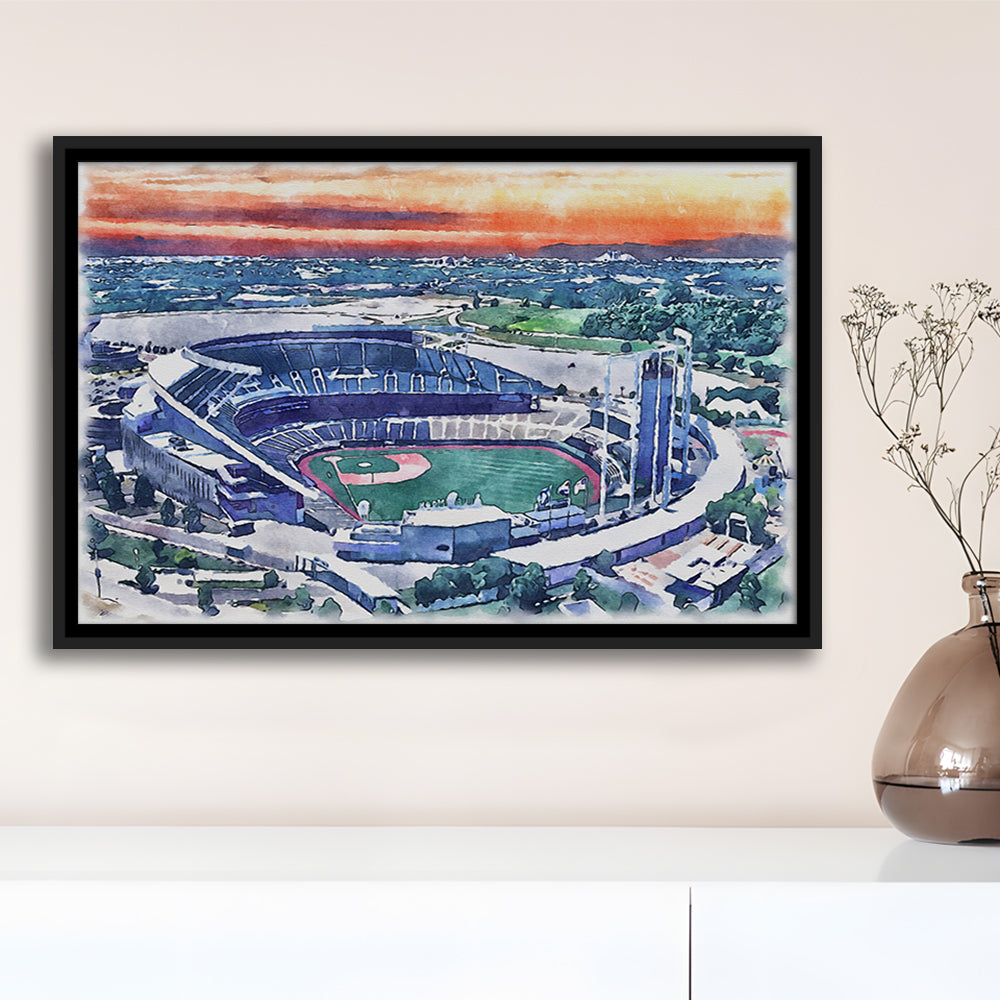 Kauffman Painting Stadium Watercolor, Kansas City, Missouri Baseball, Sport Gift Art, Framed Canvas Print Wall Art
