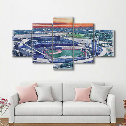 Kauffman Painting Stadium Watercolor, Kansas City, Missouri Baseball, Sport Art, Mixed 5 Panel, Canvas Print Wall Art