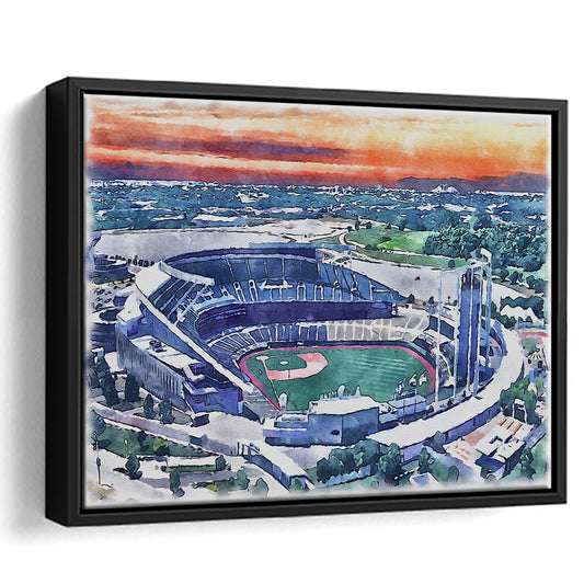 Kauffman Painting Stadium Watercolor, Kansas City, Missouri Baseball, Sport Gift Art, Framed Canvas Print Wall Art
