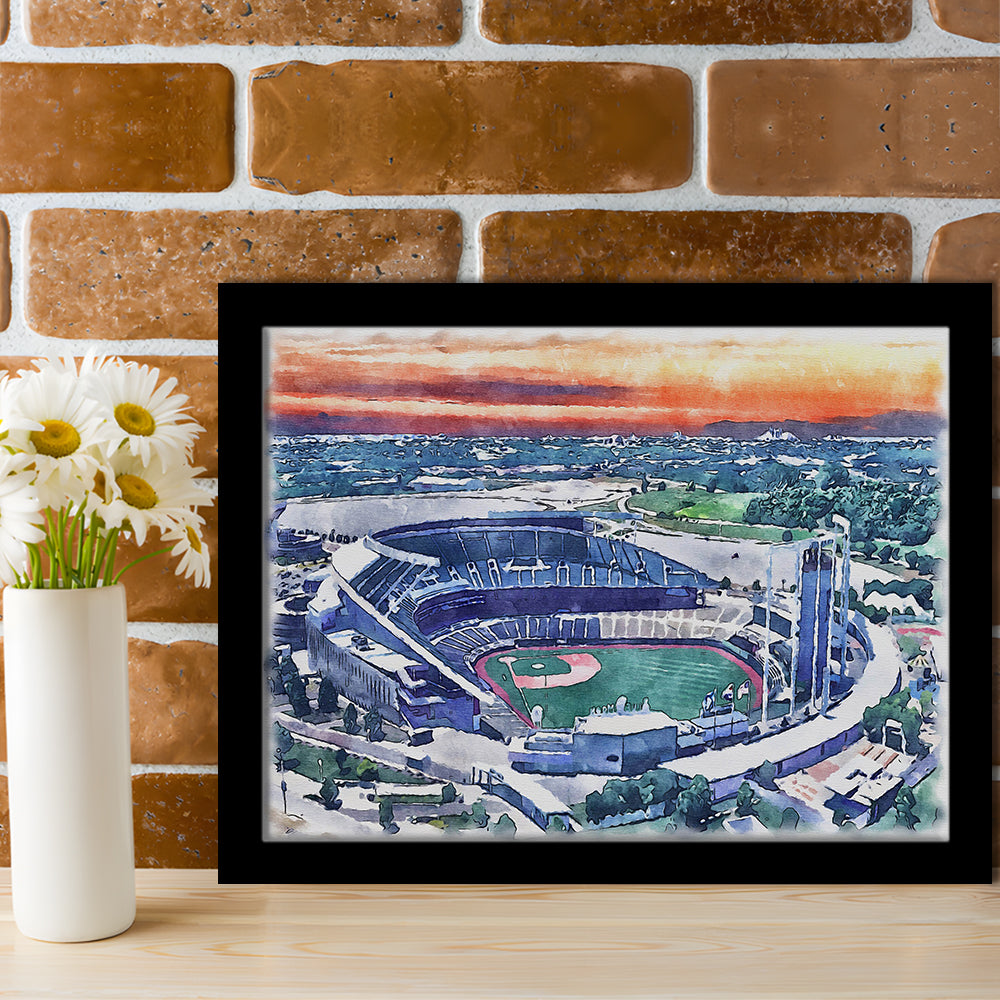 Kauffman Painting Stadium Watercolor, Kansas City, Missouri Baseball, Sport Gift Art, Framed Art Print Wall Decor