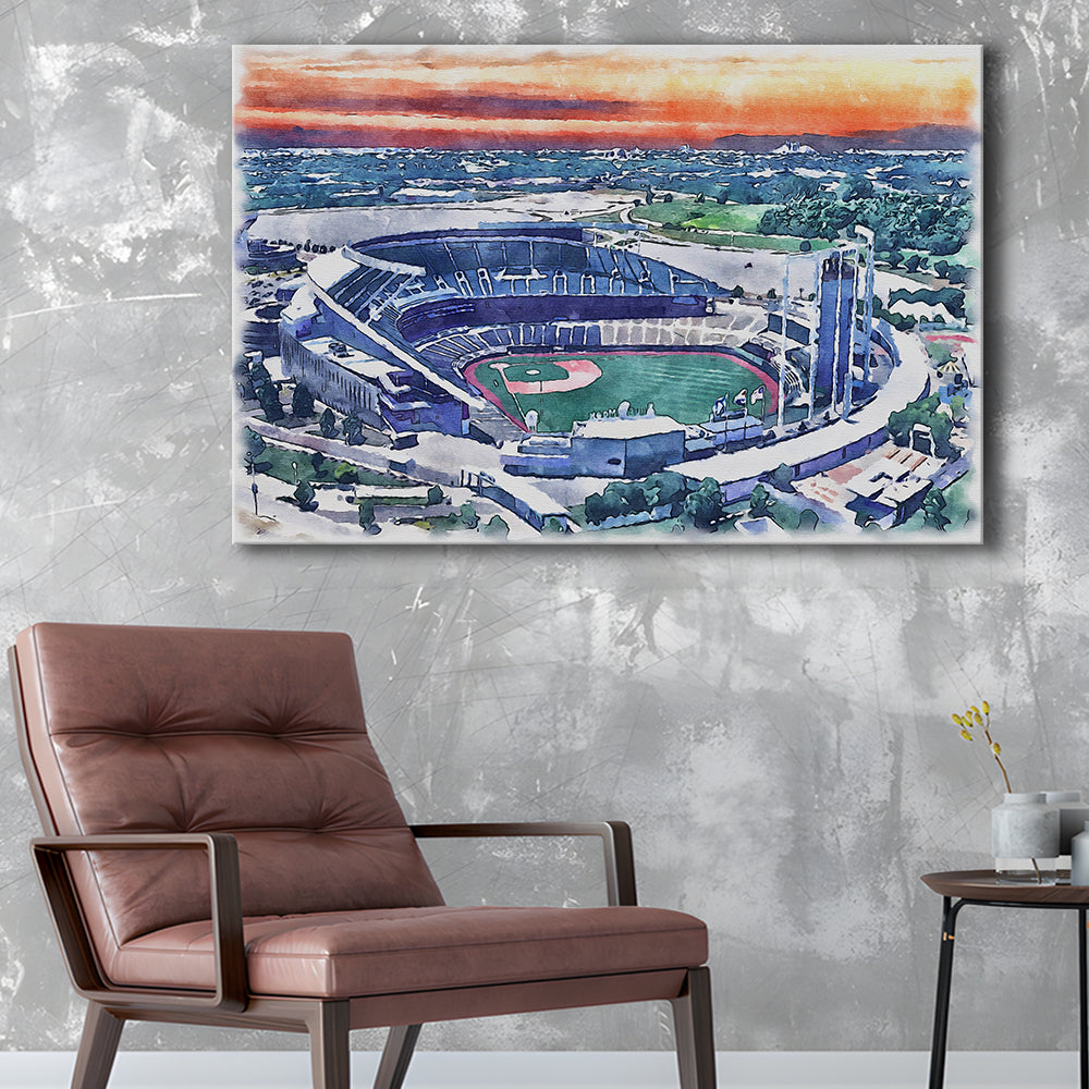 Kauffman Painting Stadium Watercolor, Kansas City, Missouri Baseball, Sport Art, Gifts for him, Canvas Print Wall Art