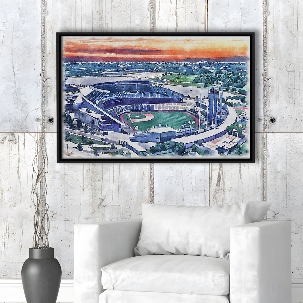 Kauffman Painting Stadium Watercolor, Kansas City, Missouri Baseball, Sport Gift Art, Framed Canvas Print Wall Art