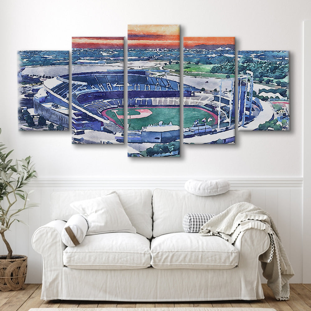 Kauffman Painting Stadium Watercolor, Kansas City, Missouri Baseball, Sport Art, Mixed 5 Panel, Canvas Print Wall Art