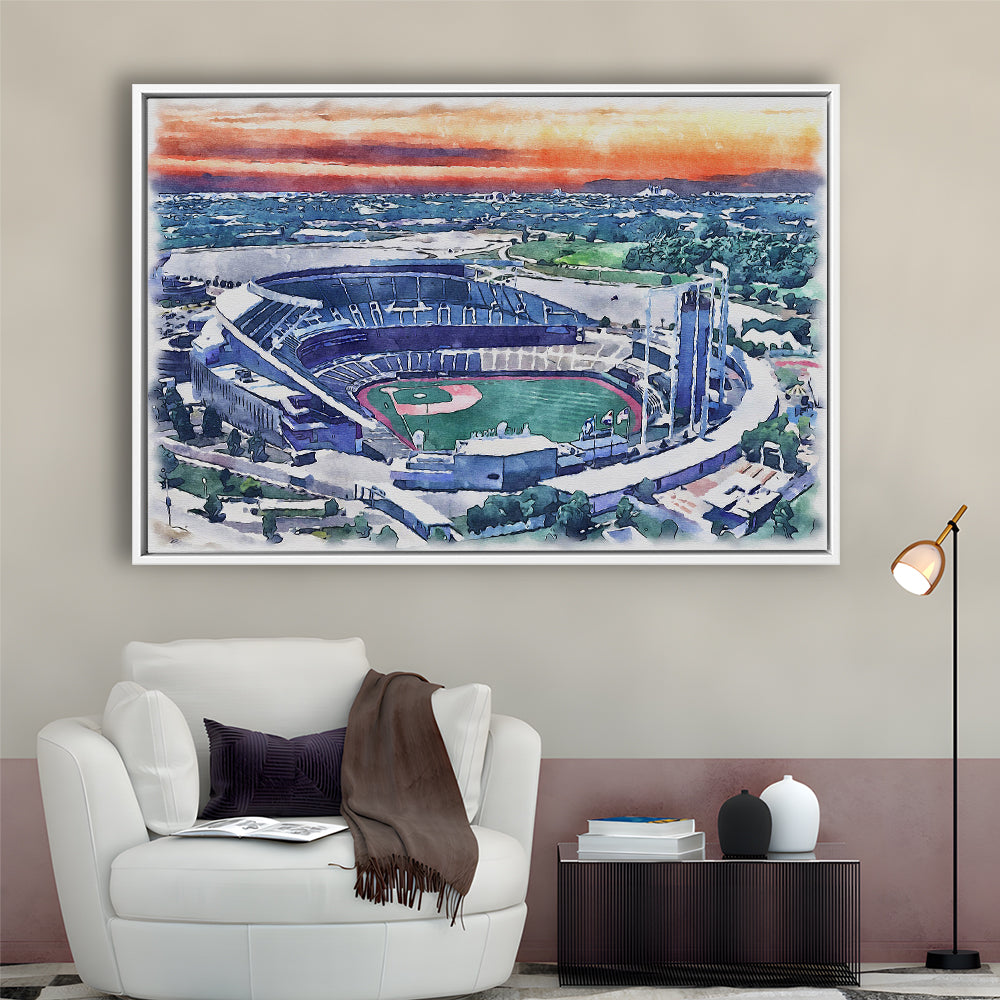 Kauffman Painting Stadium Watercolor, Kansas City, Missouri Baseball, Sport Gift Art, Framed Canvas Print Wall Art