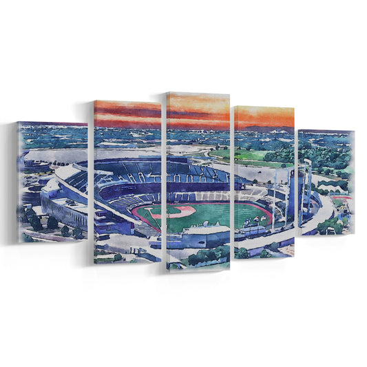 Kauffman Painting Stadium Watercolor, Kansas City, Missouri Baseball, Sport Art, Mixed 5 Panel, Canvas Print Wall Art